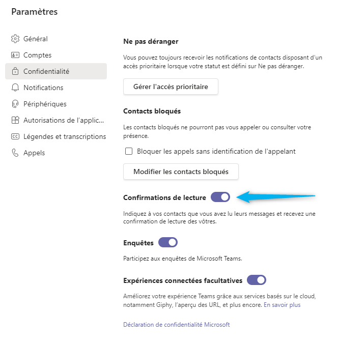 Teams - confirmation de lecture